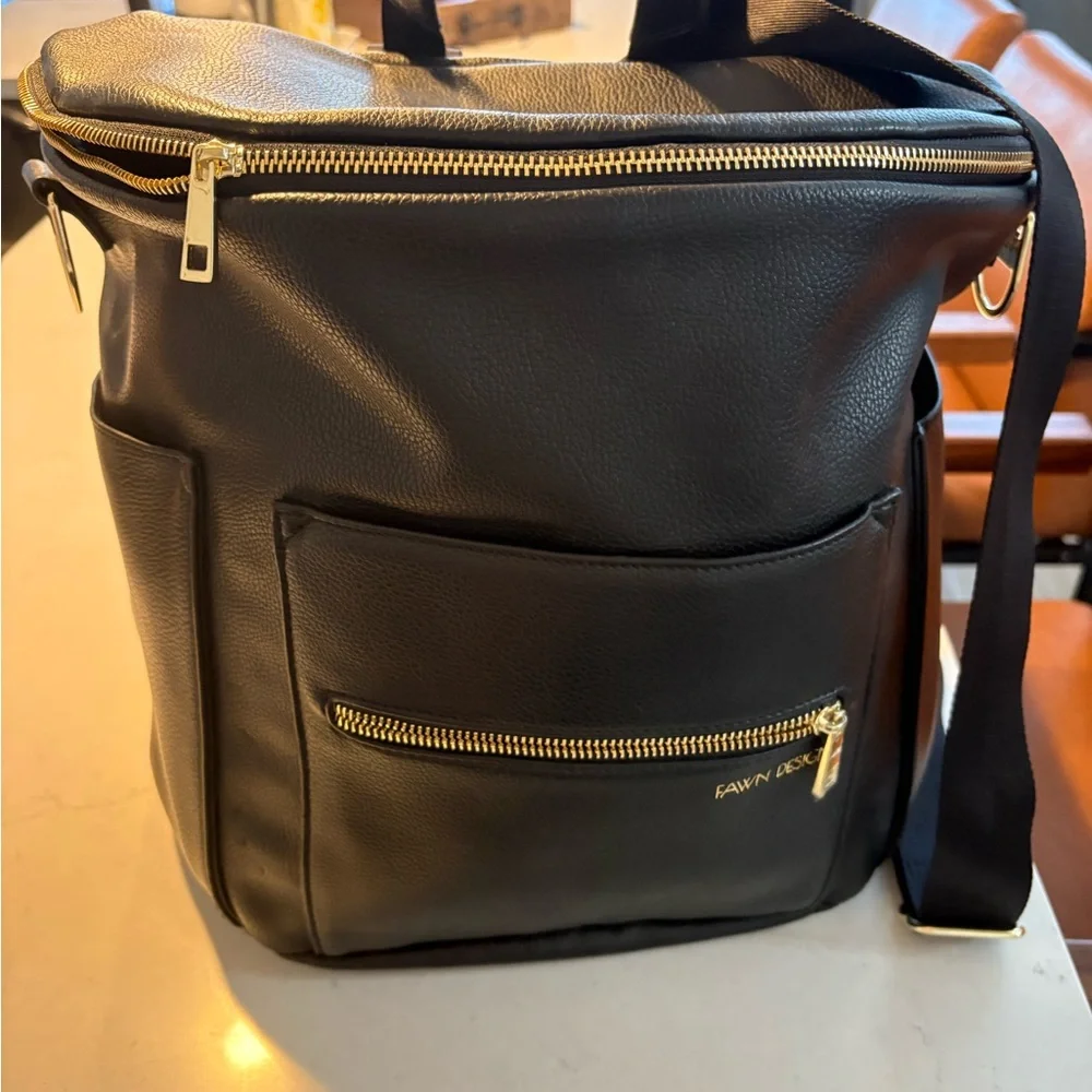 Fawn Design Black Leather Backpack with Gold Hardware